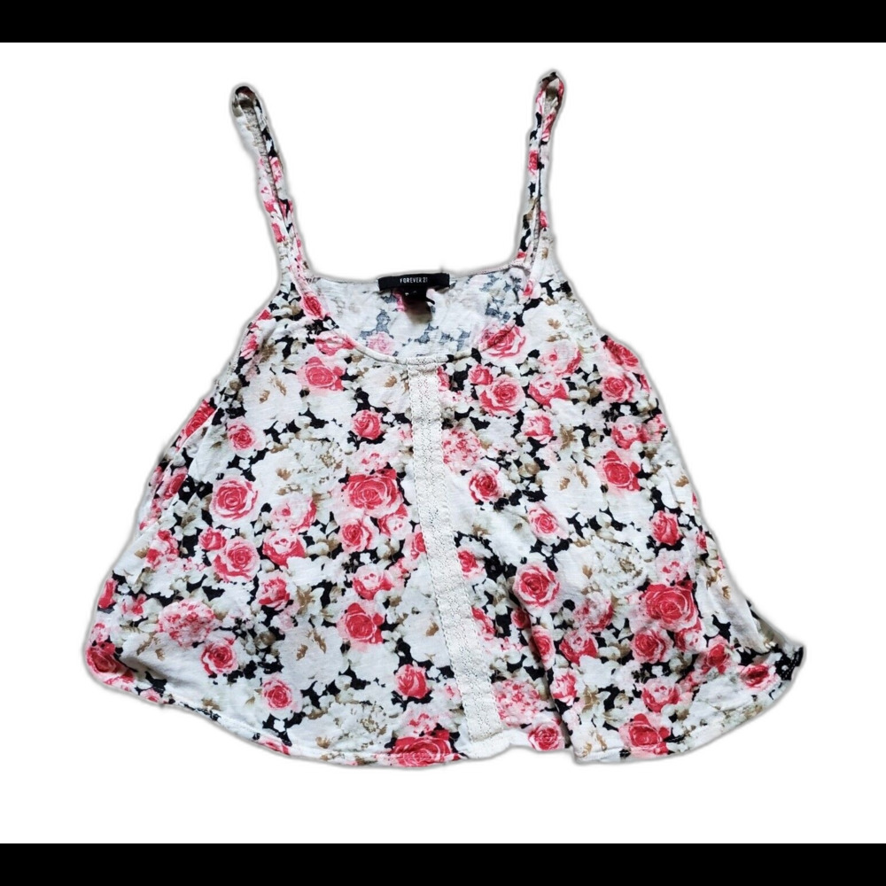 Forever 21 Tank Top Women Medium Crop Relaxed Drape White Pink Floral Rose Shirt
